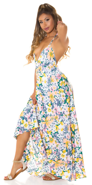 Amazing summer neck maxi dress with floral print Gray